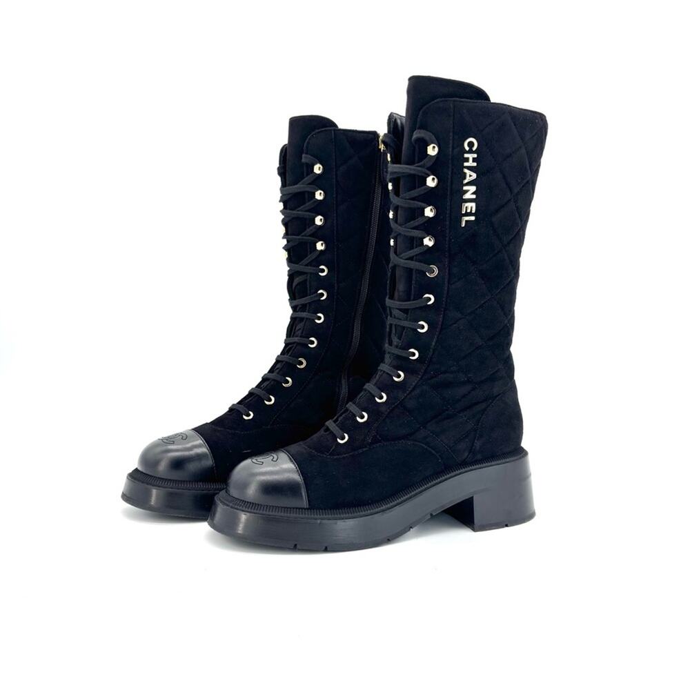 Chanel Quilted Suede Leather Logo Tall Lace Up Cap Toe Knee High Combat Boots 40